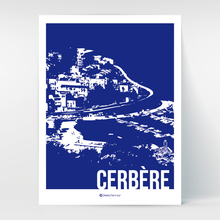 Charger l'image dans la galerie, Affiche Poster Hello Terroir illustration numérique Cerbère vue port, pénétrante et Belvédère. Bleu marine et blanc