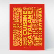 Charger l'image dans la galerie, Un poster rouge eu jaune au graphisme moderne pour célébrer les incontournables de la gastronomie catalane : pain tomate, aïoli, rousquille, boles de picolat, butifarra, bunyols, calçots, esquieixade, cargolade et plein d'autres. Un cadeau original pour les épicuriens et épicuriennes attachés à l'art de vivre à la catalane.