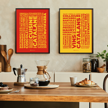 Charger l'image dans la galerie, Duo de posters rouge et jaune au graphisme moderne sur la cuisine catalane et les vins catalans