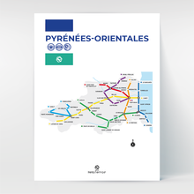 Charger l'image dans la galerie, Un poster façon plan de métro qui relie les "stations" incontournables. Mer et montagne, ski et plongée, cerise et anchois, vignes et vergers, monuments historiques et clubs de plages, les Pyrénées-Orientales c'est un petit monde où il fait bon vivre toute l'année.