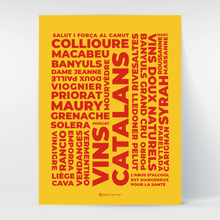 Charger l'image dans la galerie, Un poster jaune et rouge au graphisme moderne pour célébrer les incontournables des vins catalans et leur terroir : rancio, vins doux, cépages ou appellations, tout y est ! Un cadeau original pour les épicuriens et épicuriennes attachés à l'art de vivre à la catalane.
