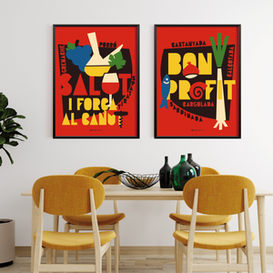 Duo de posters aux illustrations graphiques et couleurs catalanes. Bon Profit et Salut i força al canut