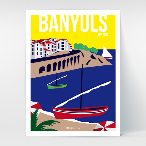 Affiche Poster Hello Terroir illustration colorée style vintage baie de Banyuls, arcades et barques catalanes 