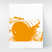 Charger l&#39;image dans la galerie, Affiche Poster Hello Terroir Illustration stylisée canon et arcades dans la baie de Banyuls. Orange vif sur fond blanc. 

