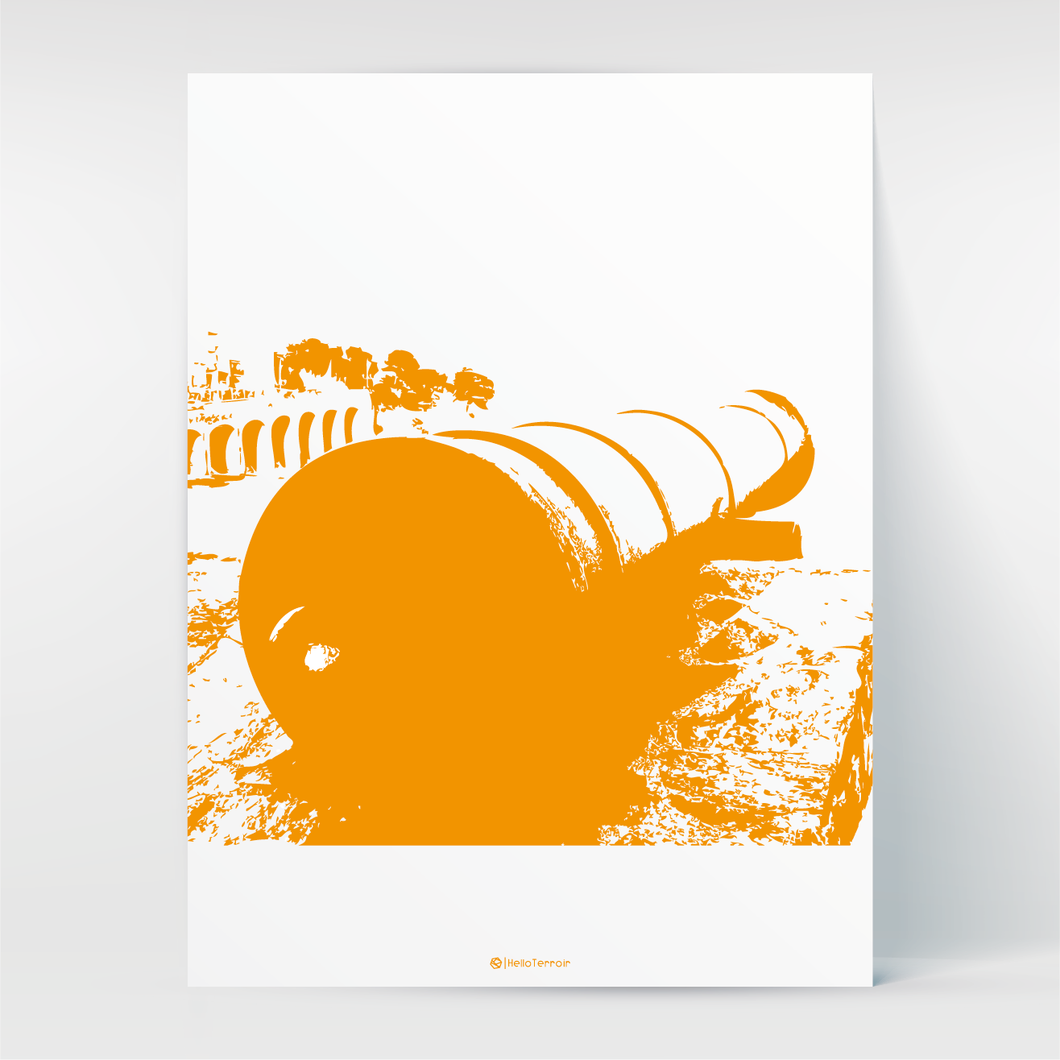 Affiche Poster Hello Terroir Illustration stylisée canon et arcades dans la baie de Banyuls. Orange vif sur fond blanc. 