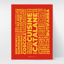 Charger l&#39;image dans la galerie, Un poster rouge eu jaune au graphisme moderne pour célébrer les incontournables de la gastronomie catalane : pain tomate, aïoli, rousquille, boles de picolat, butifarra, bunyols, calçots, esquieixade, cargolade et plein d&#39;autres. Un cadeau original pour les épicuriens et épicuriennes attachés à l&#39;art de vivre à la catalane.
