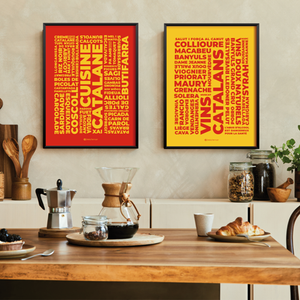 Duo de posters rouge et jaune au graphisme moderne sur la cuisine catalane et les vins catalans