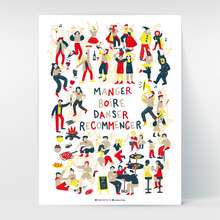 Charger l&#39;image dans la galerie, Un poster moderne avec illustrations colorées des occasions de faire la Fête en pays catalan : un concert près du Castillet, la St Vincent à Collioure, la Fête des vendanges à Banyuls, la Fête de l&#39;ours à Prats, la féria de Céret, les calçots, les bunyols, les grillades, les fanfares, le rugby, les sardanes, tout y est ! 
