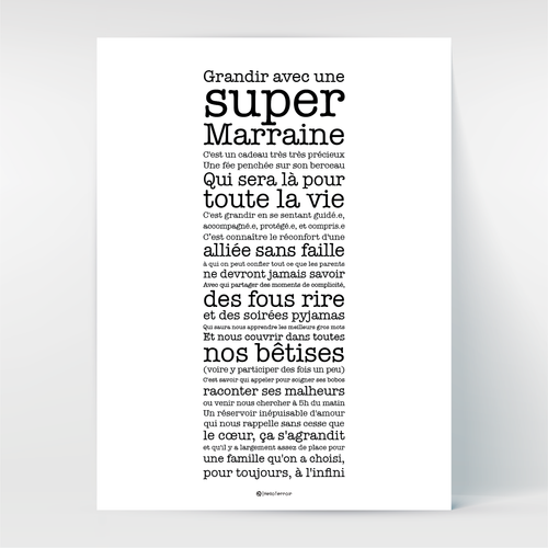Affiche Poster Hello Terroir Super Marraine texte noir et blanc