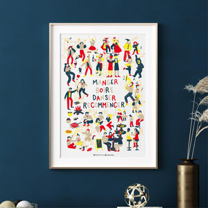 Affiche Poster Hello Terroir Manger, Boire, Danser en pays catalan illustration personnages dans décor