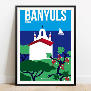 Affiche Poster Hello Terroir Banyuls Salette sur mer pins et vignes - aperçu dans décor cadre